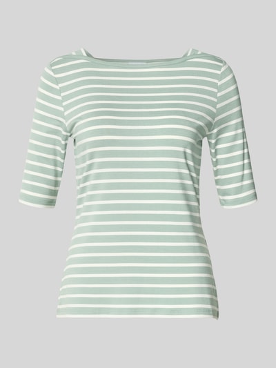 Produktfoto, Slim Fit T-Shirt aus Viskose-Mix van comma, groen-wit gestreept, envelope-hals, halfmouw, lengte 51 cm, damesmodel, viskose-elastaan-mix