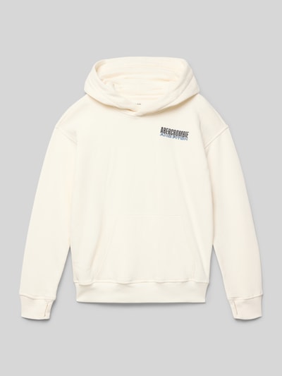 Produktfoto, Hoodie mit Label-Stitching von Abercrombie&Fitch in Creme, Baumwollmischung, lockerer Schnitt, Kapuze, Känguru-Tasche, gerippte Abschlüsse