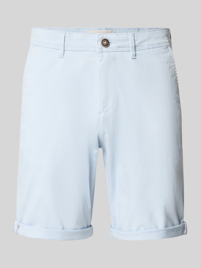 Produktfoto, Regular Fit Shorts mit Eingrifftaschen Modell 'BOWIE' von Jack & Jones aus Baumwoll-Elasthan-Mix in Hellblau mit Umschlag, Bundweite 43 cm, Innenbeinlänge 26 cm, schlichte Struktur.