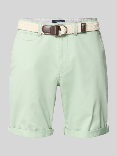 Produktfoto, Bermudas mit Gürtel und Eingrifftaschen von MCNEAL aus Baumwoll-Mix mit Stretch-Anteil in Mintgrün, Straight Fit, Knopf-Reißverschluss, seitliche Eingrifftaschen, Saum mit Aufschlag, Gesäßleistentaschen, Bundweite 46 cm und Innenbeinlänge 20 cm bei Größe M.