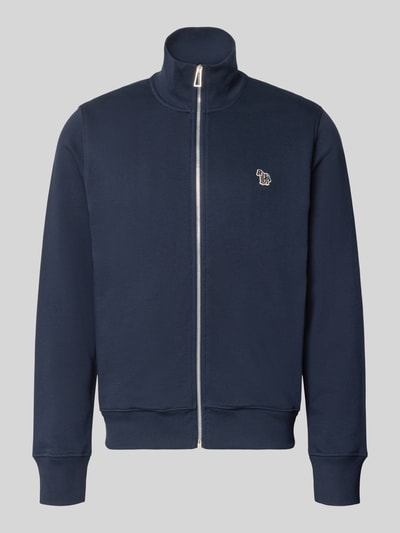 Produktfoto, Regular Fit Sweatjacke aus Baumwolle von Paul Smith in Dunkelblau mit Stehkragen, elastischen Abschlüssen, Label-Stitching, seitliche Eingrifftaschen, glatte Oberfläche