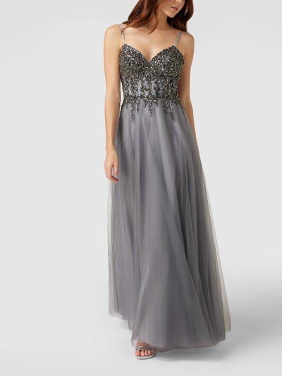 unique Abendkleid mit Ziersteinen und Pailletten Rauchblau 1