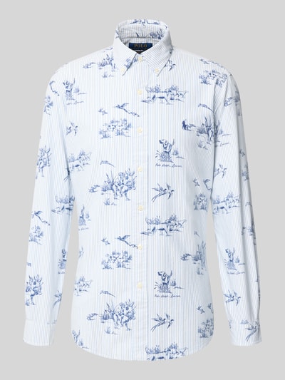 Produktfoto, weiß-blaues Custom Fit Freizeithemd aus reiner Baumwolle von Polo Ralph Lauren mit feinem Streifenmuster und floralen Prints.
