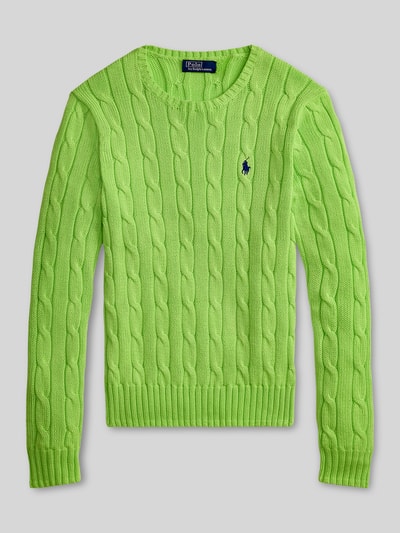 Produktfoto, Strickpullover mit Zopfmuster Modell 'JULIANNA' von Polo Ralph Lauren in leuchtendem Grün, Slim Fit, reine Baumwolle, Rundhalsausschnitt, sichtbares Label-Stitching, strukturierte Oberfläche