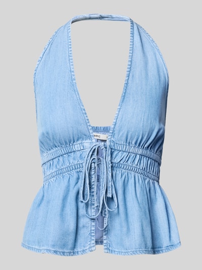 Produktfoto, Blusentop in Denim-Optik Modell 'EVA' von Mango, hellblauer Baumwoll-Elasthan-Mix, Schnürung vorn, Slim Fit, strukturierte Textur