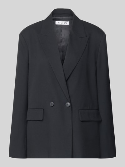 Produktfoto, Relaxed Fit Blazer mit Viskose-Anteil von MYON in Schwarz, Reverskragen, doppelte Knopfleiste, glatte Textur, elastischer Material-Mix