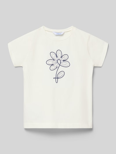 Produktfoto, T-Shirt mit floralem Stitching von Mayoral aus bawełny z elastanem, krój prosty, okrągły dekolt, florystyczny haft, długość tyłu w rozmiarze 116: 41 cm
