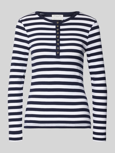 Produktfoto, Longsleeve met korte knoopsluiting van Christian Berg Woman, mix van biologisch katoen, slim fit, ronde hals, gestreept navy-wit
