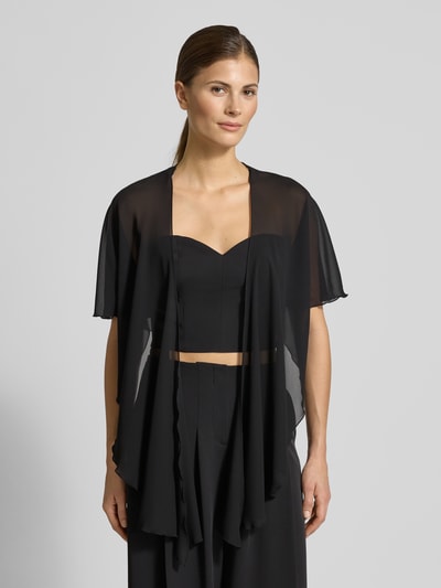 Frauenmodel trägt Regular Fit Jacke im semitransparenten Design von Christian Berg Cocktail, schwarz, kurzärmelig, Rückenlänge 41 cm, Nahaufnahme Oberkörper.