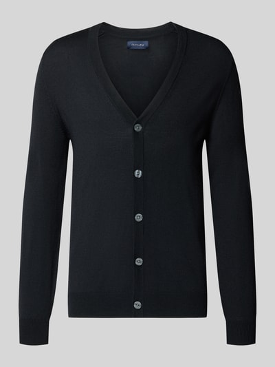 Produktfoto, Cardigan aus Woll-Mix mit V-Ausschnitt von Christian Berg Men in Schwarz, feine Strickstruktur, körpernaher Schnitt, Knopfleiste