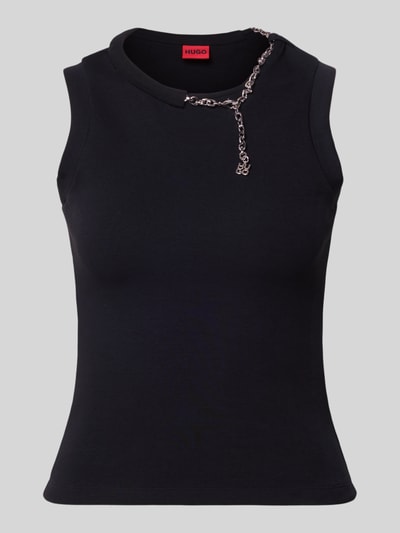 Produktfoto, zwart Slim Fit Top aus Baumwoll-Mix Modell 'Delolly' van HUGO voor Dames, gladde stof, zilverkleurige kettingdetails