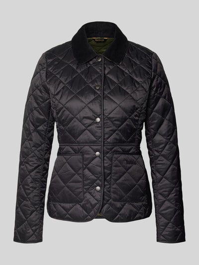 Produktfoto, Kurtka pikowana z taliowanym krojem, sztruksowy kołnierz, nakładane kieszenie, pikowanie, wyhaftowane logo, lekka watowanie, Steppjacke mit Cordkragen Modell 'Deveron' von Barbour, materiał wytrzymały, długość tyłu 60 cm, szerokość ramion 38 cm, długość rękawów 63 cm.