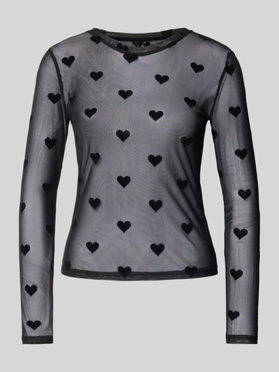 Produktfoto, transparentes schwarzes Slim Fit Langarmshirt mit Rundhalsausschnitt und Herzmuster, Modell 'LOVA' von VERO MODA, Damen Langarmshirt.