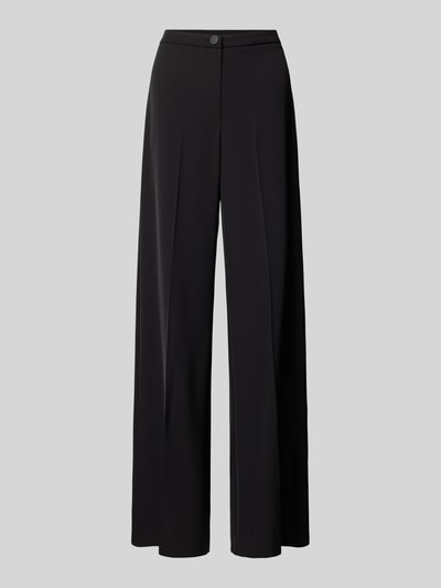 Produktfoto, schwarze Stoffhose mit Bügelfalte von Rinascimento, Wide Leg Fit, Material-Mix mit Stretch-Anteil, glatte Textur, frontal