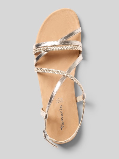 Produktfoto, Sandalen aus echtem Rindsleder von Tamaris, abgerundete Schuhspitze, strukturierte Optik, leichter Blockabsatz, Dornschließe, leicht strukturierte Sohle, goldfarbene Riemen, Obermaterial mit geflochtenem Detail