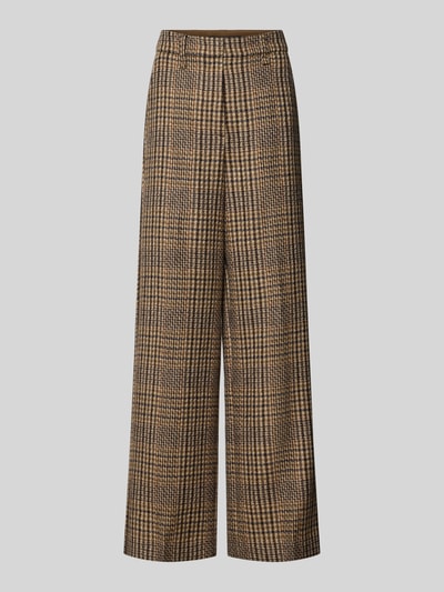 Produktfoto, Wide Fit Stoffhose aus reiner Schurwolle von Luisa Cerano, braunes Karomuster, elastischer Bund, Gesäßtasche, Damenmodell.