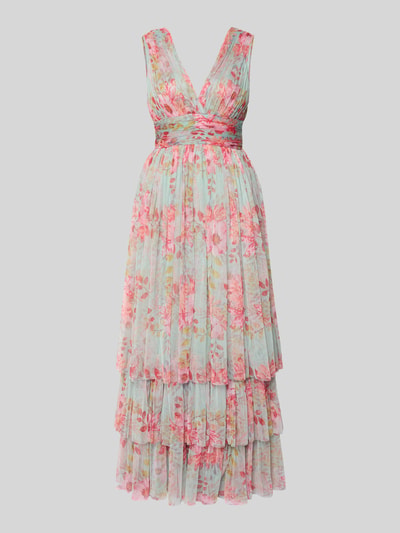 Produktfoto, Abendkleid mit Volantsaum und V-Ausschnitt von LACE & BEADS aus Chiffon in A-Linie als Maxikleid mit floralen Mustern