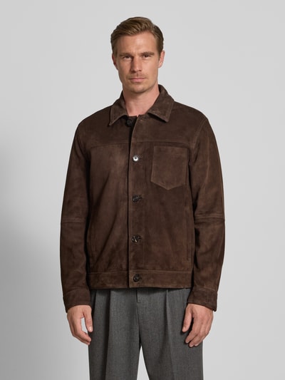 Strellson Regular Fit Lederjacke aus echtem Ziegen-Velours Modell 'FLINT' Mittelbraun 4