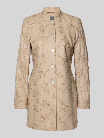 Produktfoto, Slim Fit Longblazer aus linnen met opstaande kraag, stitchings, knoopsluiting van WHITE LABEL, ruglengte maat 36: 80 cm, borstwijdte maat 36: 33 cm, mouwlengte maat 36: 62 cm, lichtbeige, bladermotief, gestructureerde textuur