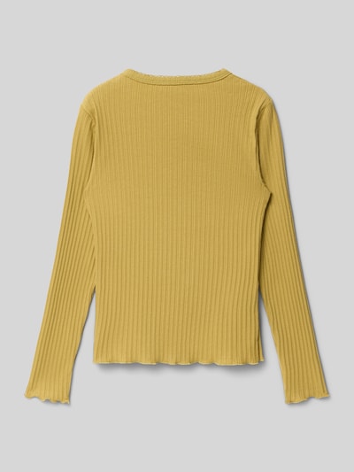 Produktfoto, Longsleeve mit Muschelsaum Modell 'PISTACHO' von Mango aus gelbem Baumwoll-Mix, gerader Schnitt, feine Rippenstruktur
