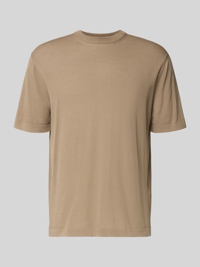 Produktfoto, beigefarbenes T-Shirt mit geripptem Rundhalsausschnitt von CRUNA aus reiner Baumwolle im Regular Fit vor grauem Hintergrund