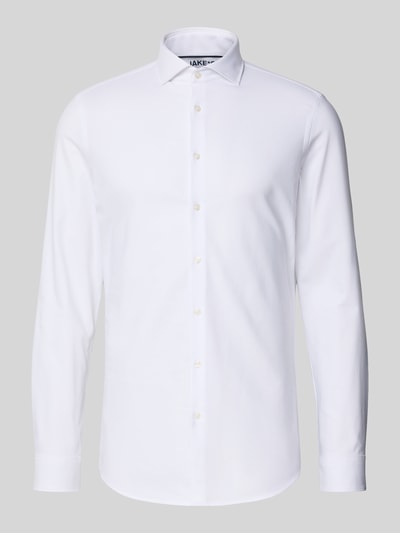 Produktfoto, weißes Super Slim Fit Business Hemden mit Haikragen von Jake*s aus Baumwoll-Mix mit Stretch-Anteil, Knopfleiste, glatte Oberfläche.