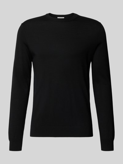 Produktfoto, Regular Fit Strickpullover aus reiner Wolle von Profuomo in Schwarz, Rundhalsausschnitt, elastische Abschlüsse, glatte Oberfläche