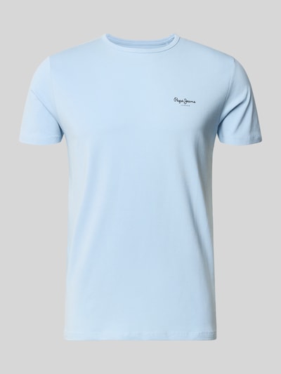 Produktfoto, Slim Fit T-Shirt aus Baumwoll-Mix Modell 'ORIGINAL BASIC 3N' von Pepe Jeans, Optik: Unifarben, hellblau, Label-Print, Jersey-Touch