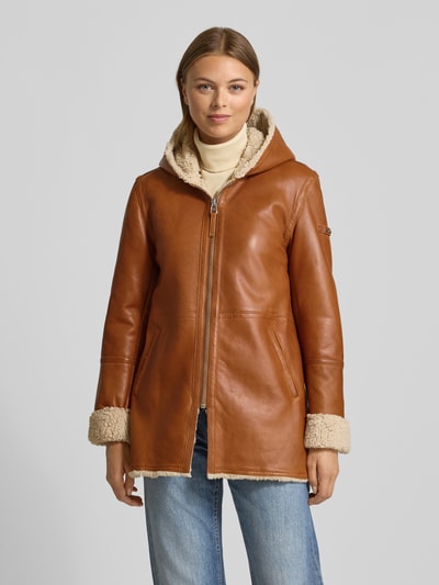 Cabrini Lange leren jas van echt lamsnappa  Cognac - 4