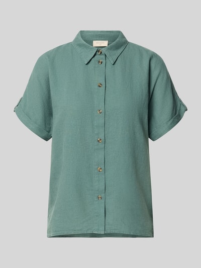 Produktfoto, Relaxed Fit Bluse aus Leinen-Viskose-Mix Modell 'Lava' von FREE/QUENT in Grün, Hemdblusenkragen, Knopfleiste, glatte Textur