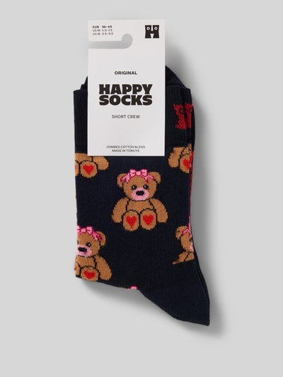 Produktfoto, Socken aus Baumwoll-Mix Modell 'TEDDY' von Happy Socks mit buntem Bärchenmuster, elastischem Rippenbündchen, Label-Detail.
