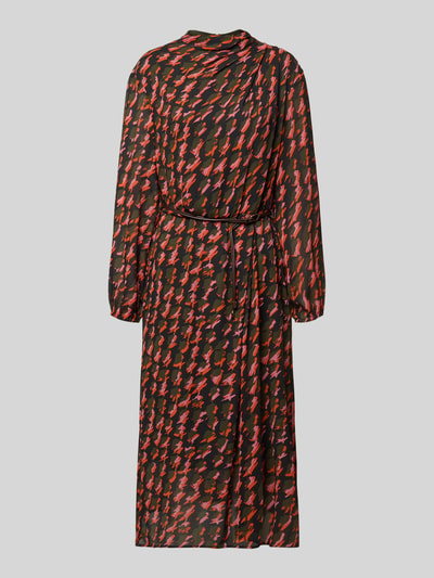 Produktfoto, Midikleid im Allover-Look mit Stehkragen und Gürtel von Marc Cain, chiffon, recht model, all-over look, opstaande kraag, plooien, riem, ruglengte bij maat 36: 128 cm, borstwijdte bij maat 36: 46 cm, mouwlengte bij maat 36: 63 cm