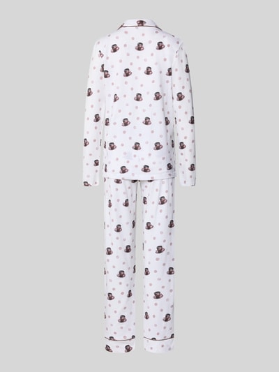 Vrouwenmodel draagt pyjama-set uit puur katoen met beerdessin, regular fit, reverskraag, borstzak, sierstrik, knoopsluiting, Model 'Meine Auszeit' van LOUIS & LOUISA, geheellichaamsaanzicht achteraan.