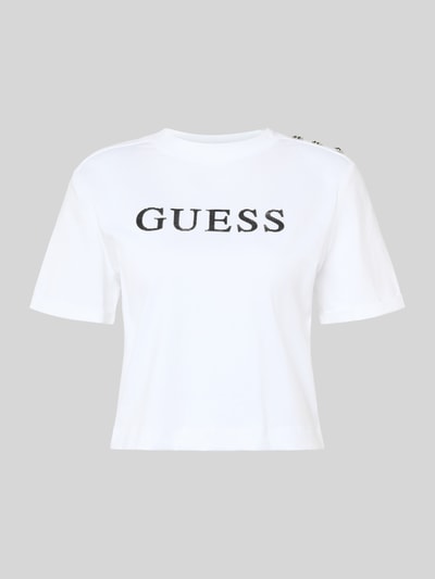 Produktfoto, Cropped T-Shirt mit Logo Modell 'MARINA' van Guess, wit katoen, ronde hals, logo voorop, dames T-shirt, lengte maat S: 45 cm