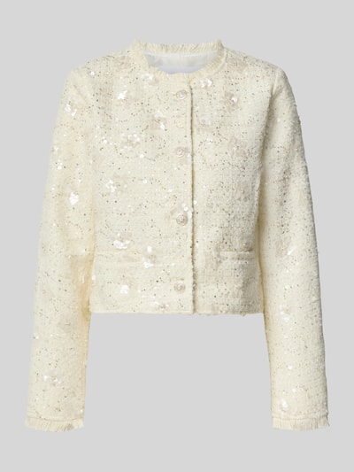 Produktfoto, Slim Fit Blazer mit Stretch-Anteil Modell 'LOUISA' van YAS, elastische materiaalmix, Bouclé, pailletten en met siersteentjes, opgestikte steekzakken, ronde hals met franjes, volledige knoopsluiting, mouwboorden met franjes, ruglengte maat 36: 46 cm.