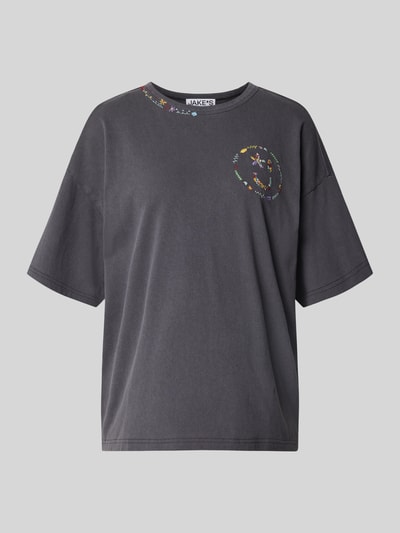 Produktfoto, Relaxed Fit T-Shirt mit floralem Stitching von JAKE*S STUDIO WOMAN in Dunkelgrau, florale Stickereien, Rundhalsausschnitt, Halbarm, Damenmode