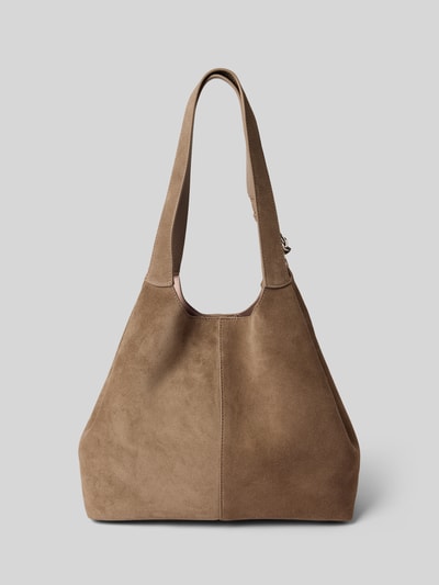 Produktfoto, Handtasche aus echtem Leder von Coccinelle in Braun, weiche Wildlederstruktur, Magnetverschluss, Logo-Schulterriemen, herausnehmbares Innenfach, Maße 32x28x51 cm, 31 cm Schulterriemenlänge