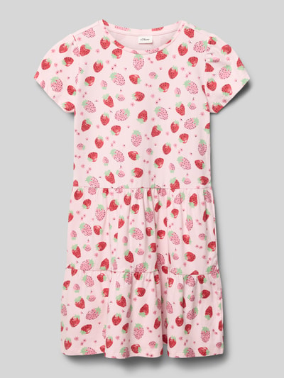 Produktfoto, Leicht ausgestelltes Freizeitkleid aus Baumwoll-Mix von s.Oliver RED LABEL, rosa mit Erdbeerprint, kurzarm, Rundhals, eng anliegend