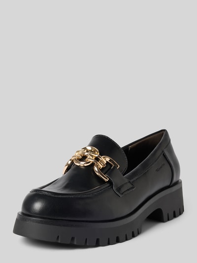 Produktfoto, schwarzer Loafer mit Kettendetail von Tamaris, Damen Loafer von Tamaris, glatte Oberfläche, goldene Kette, robuste Sohle