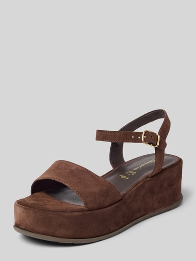 Productfoto, Sandaletten aus echtem Leder van Tamaris met effen kleuren look, open punt van de schoen, plateauhak, labelopschrift, doornsluiting, nubuk materiaalverwerking, echt leer, bruin met zachte textuur
