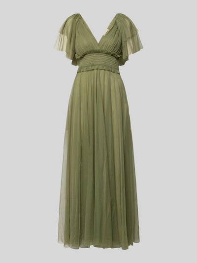 Produktfoto, Maxikleid mit V-Ausschnitt und Taillenband von LACE & BEADS in olivgrünem Tüll, taillierter Schnitt, fließende Textur