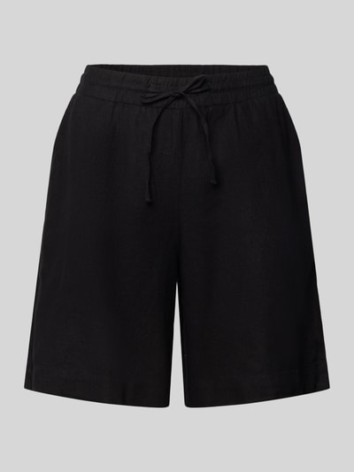 Produktfoto, schwarze Leinenshorts mit elastischem Bund und Kordelzug aus Leinen-Mix mit Viskose-Anteil, Loose-Fit, französische Eingrifftaschen, Modell 'Lava' von FREE/QUENT, Bundweite 39 cm, Innenbeinlänge 50 cm bei Größe S.