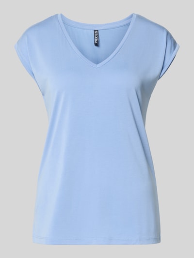 Produktfoto, Relaxed Fit T-Shirt aus Modal-Mix Modell 'KAMALA' von Pieces, Damen T-Shirt, Optik: Unifarben, V-Ausschnitt, Kurzarm, hellblau, glatte Textur