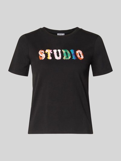 Produktfoto, Regular Fit T-Shirt mit Logo-Stitching von JAKE*S STUDIO WOMAN in Schwarz mit buntem Schriftzug, reine Baumwolle, Rundhalsausschnitt