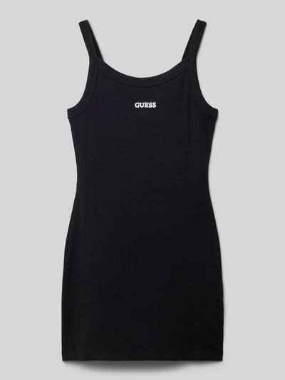 Produktfoto, Kleid mit Spaghettiträgern und Logo-Stitching von Guess in Schwarz, körpernaher Schnitt, Feinripp-Textur, Rundhalsausschnitt, Minilänge, Viskose-Mix mit Stretch-Anteil