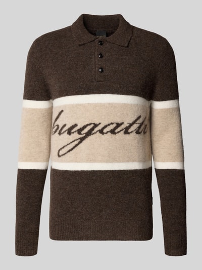 Produktfoto, Slim Fit Poloshirt mit Woll-Anteil von bugatti, braun-beige Farben, elastischer Material-Mix, Logo-Detail auf der Front