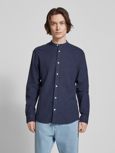 Only & Sons Slim fit linnen overhemd met opstaande kraag, model 'CAIDEN' Marineblauw - 4