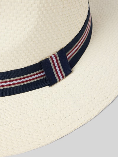 Produktfoto, Hut mit Zierband von Müller Headwear, Papiermaterial, breite Krempe, weiß mit blauem Band, strukturierte Oberfläche