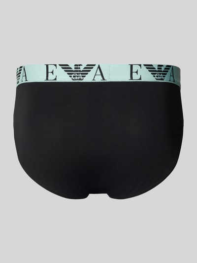 Produktfoto, Slip mit elastischem Logo-Bund im 3er-Pack von Emporio Armani, schwarz mit mintfarbenem Logo-Bund, Baumwoll-Elasthan-Mix, körpernaher Schnitt