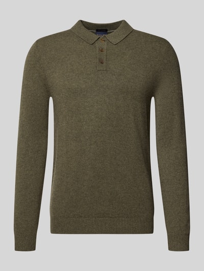 Produktfoto, Slim Fit Strickpullover aus reinem Kaschmir mit Polokragen von Christian Berg Men, olivgrün, gerippte Abschlüsse, Strick-Optik